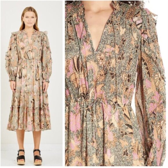 Ulla Johnson Paola Ruffled Printed Floral Midi Dress 2 - Picture 1 of 11